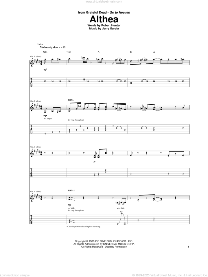 Althea sheet music for guitar (tablature) by Grateful Dead, Jerry Garcia and Robert Hunter, intermediate skill level