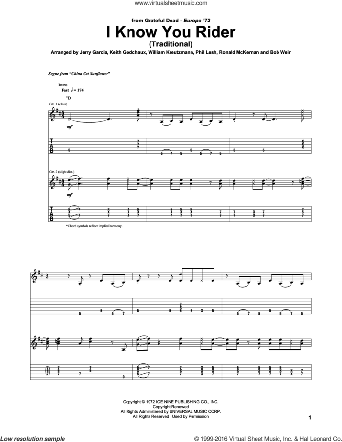 I Know You Rider sheet music for guitar (tablature) by Grateful Dead, intermediate skill level