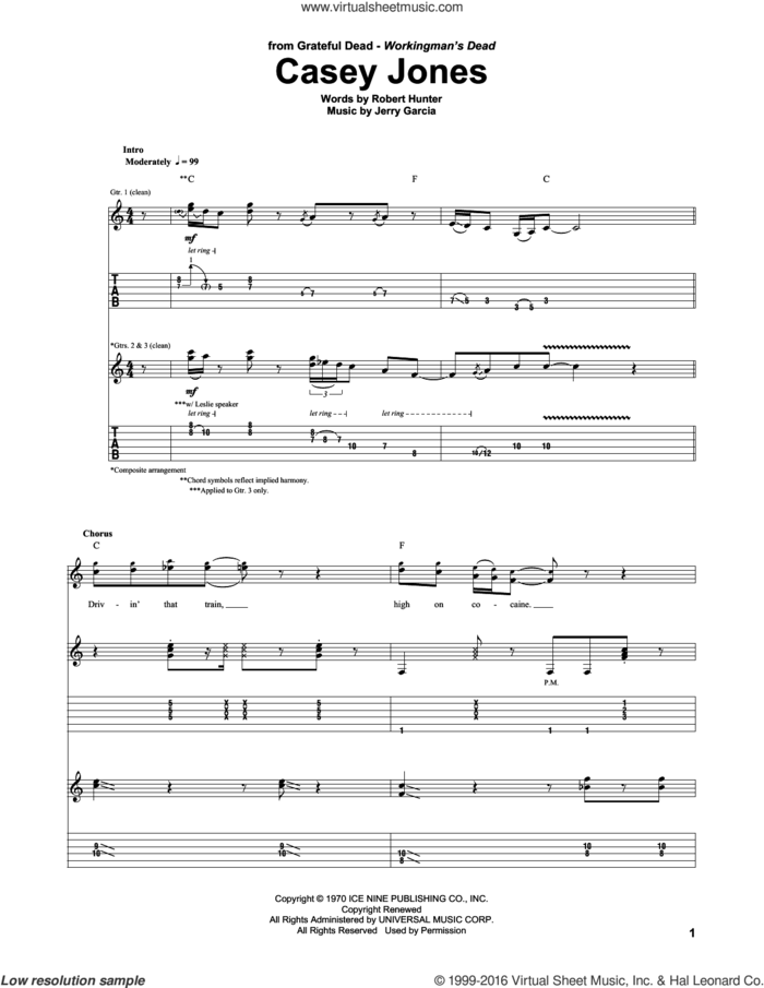 Casey Jones sheet music for guitar (tablature) by Grateful Dead, Jerry Garcia and Robert Hunter, intermediate skill level