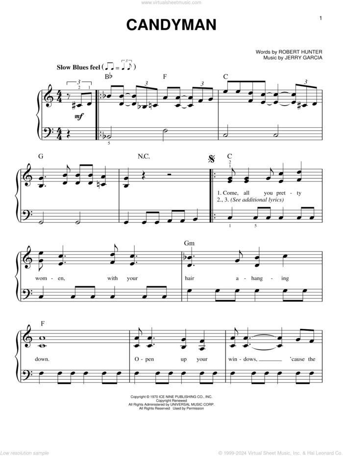 Candyman sheet music for piano solo by Grateful Dead, Jerry Garcia and Robert Hunter, easy skill level