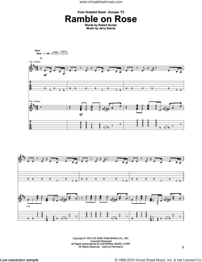 Ramble On Rose sheet music for guitar (tablature) by Grateful Dead, Jerry Garcia and Robert Hunter, intermediate skill level