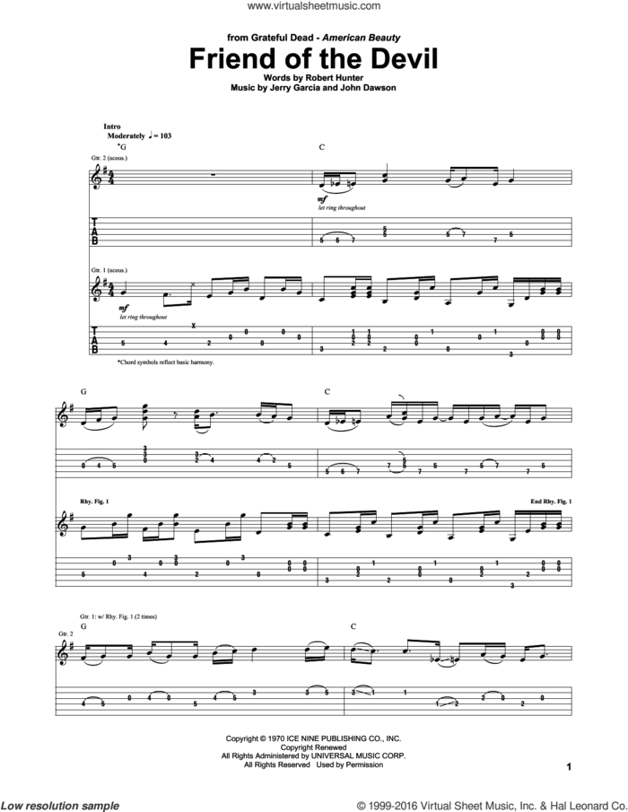 Friend Of The Devil sheet music for guitar (tablature) by Grateful Dead, Jerry Garcia, John Dawson and Robert Hunter, intermediate skill level