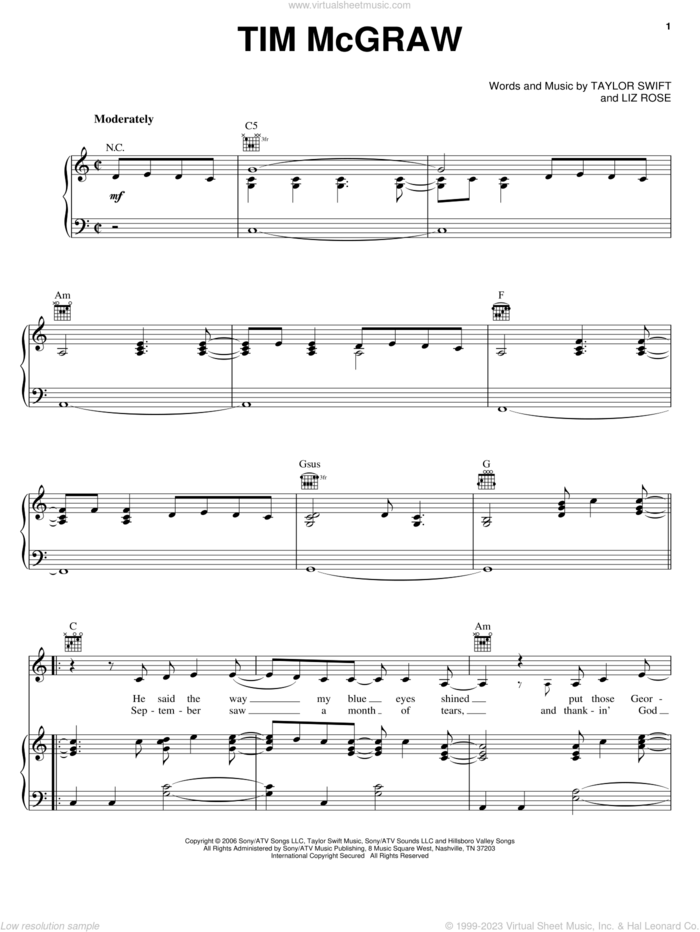 Tim McGraw sheet music for voice, piano or guitar by Taylor Swift and Liz Rose, intermediate skill level