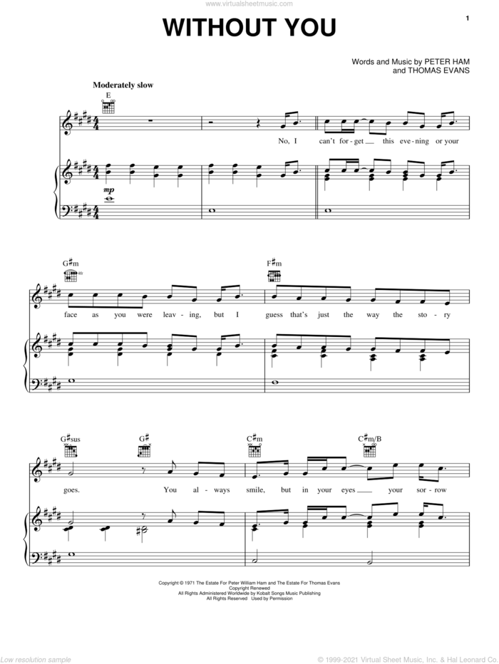 Without You sheet music for voice, piano or guitar by Harry Nilsson, Air Supply, Mariah Carey, Nilsson, Pete Ham and Thomas Evans, intermediate skill level