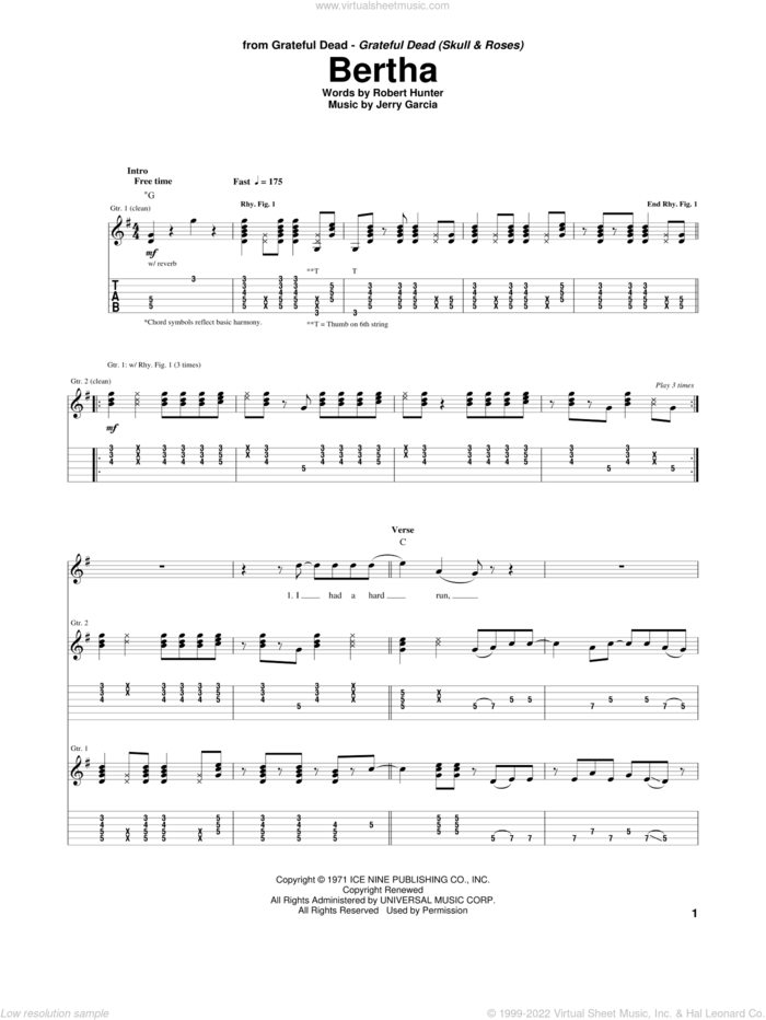 Bertha sheet music for guitar (tablature) by Grateful Dead, Jerry Garcia and Robert Hunter, intermediate skill level
