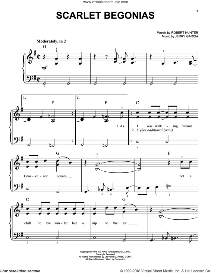 Scarlet Begonias sheet music for piano solo by Grateful Dead, Sublime, Jerry Garcia and Robert Hunter, easy skill level