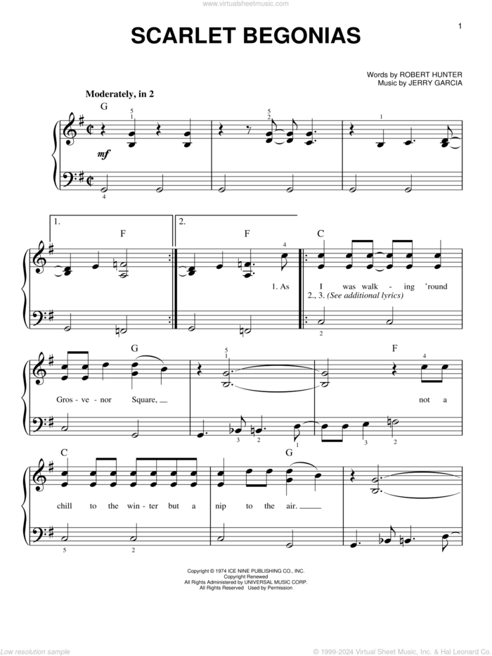 Scarlet Begonias sheet music for piano solo by Grateful Dead, Sublime, Jerry Garcia and Robert Hunter, easy skill level