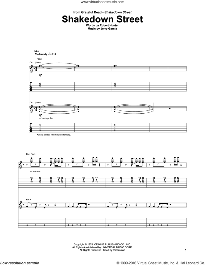 Shakedown Street sheet music for guitar (tablature) by Grateful Dead, Jerry Garcia and Robert Hunter, intermediate skill level