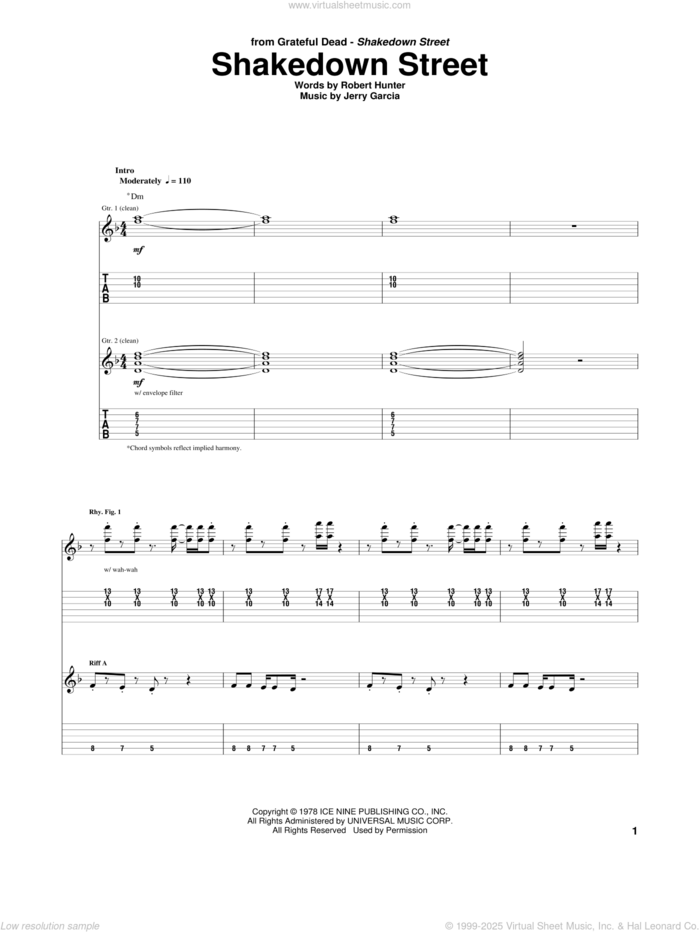 Shakedown Street sheet music for guitar (tablature) by Grateful Dead, Jerry Garcia and Robert Hunter, intermediate skill level