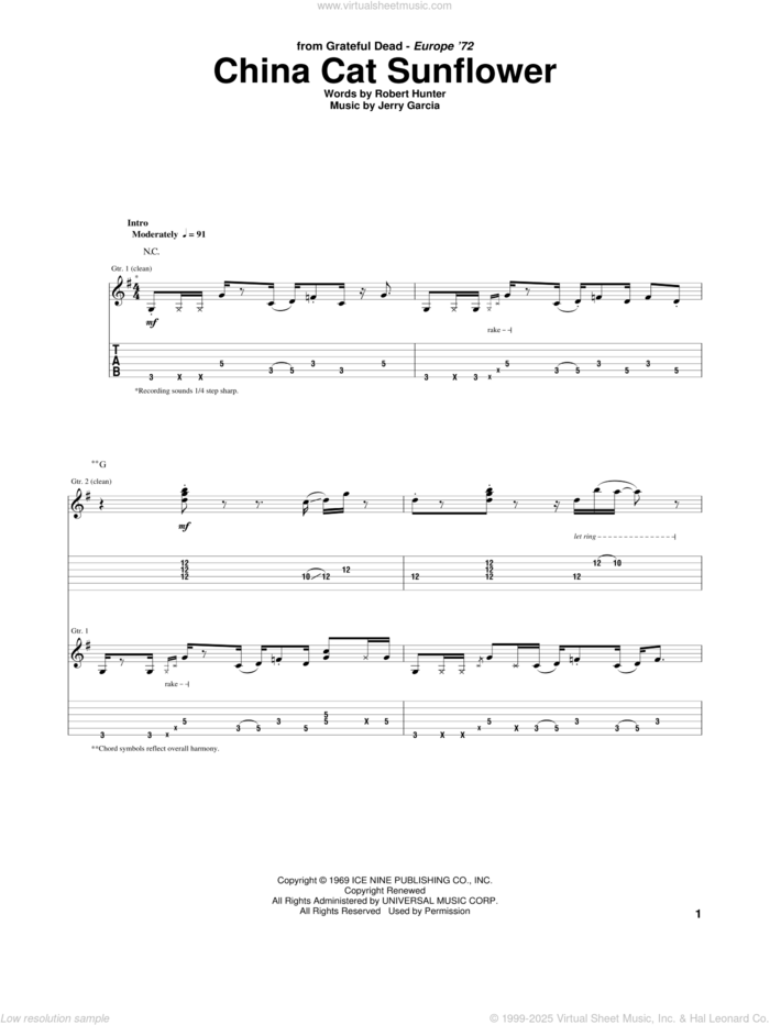 China Cat Sunflower sheet music for guitar (tablature) by Grateful Dead, Jerry Garcia and Robert Hunter, intermediate skill level