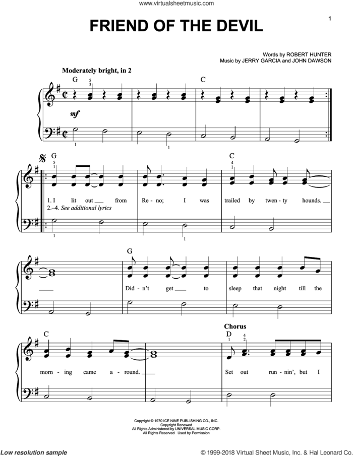 Friend Of The Devil sheet music for piano solo by Grateful Dead, Jerry Garcia, John Dawson and Robert Hunter, easy skill level