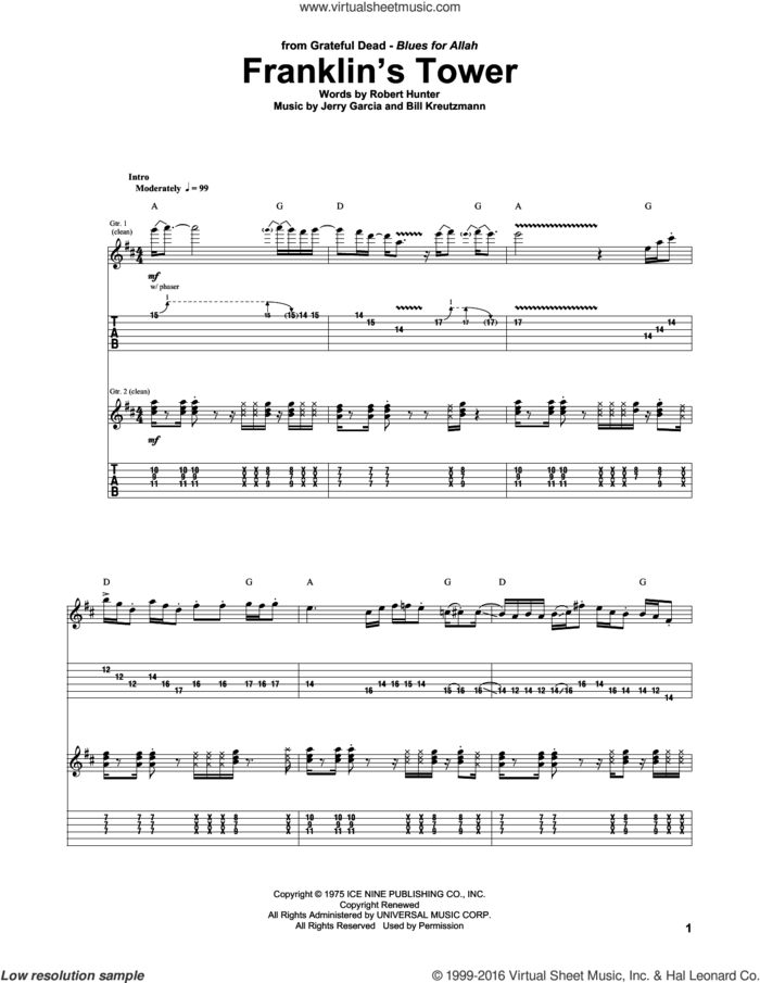 Franklin's Tower sheet music for guitar (tablature) by Grateful Dead, Bill Kreutzmann, Jerry Garcia and Robert Hunter, intermediate skill level