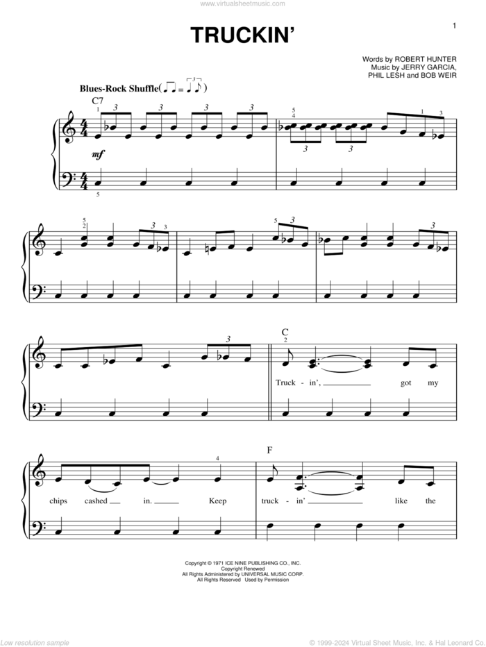 Truckin' sheet music for piano solo by Grateful Dead, Bob Weir, Jerry Garcia, Phil Lesh and Robert Hunter, easy skill level