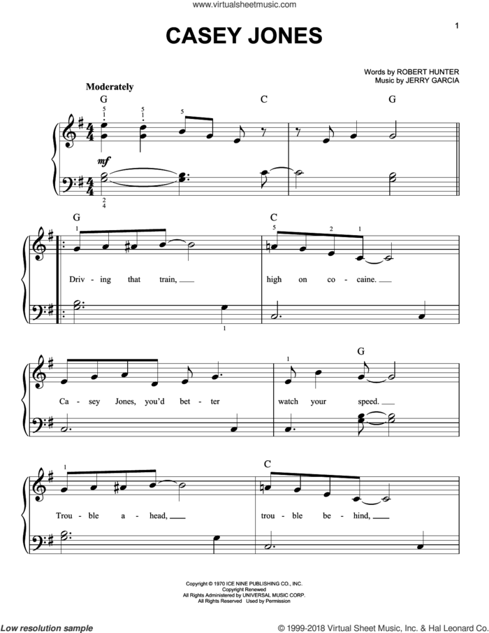 Casey Jones sheet music for piano solo by Grateful Dead, Jerry Garcia and Robert Hunter, easy skill level