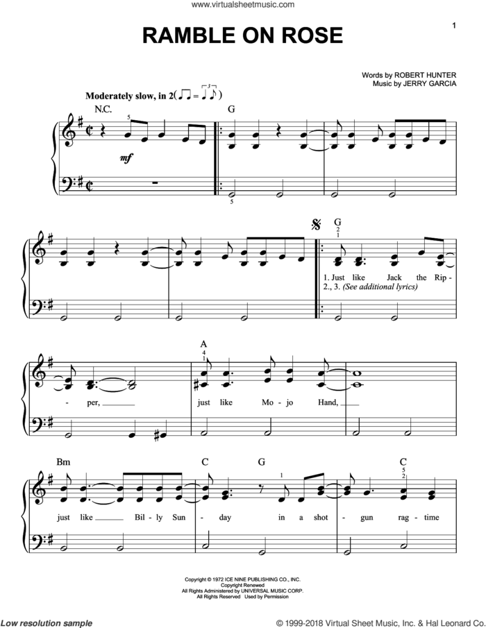 Ramble On Rose sheet music for piano solo by Grateful Dead, Jerry Garcia and Robert Hunter, easy skill level
