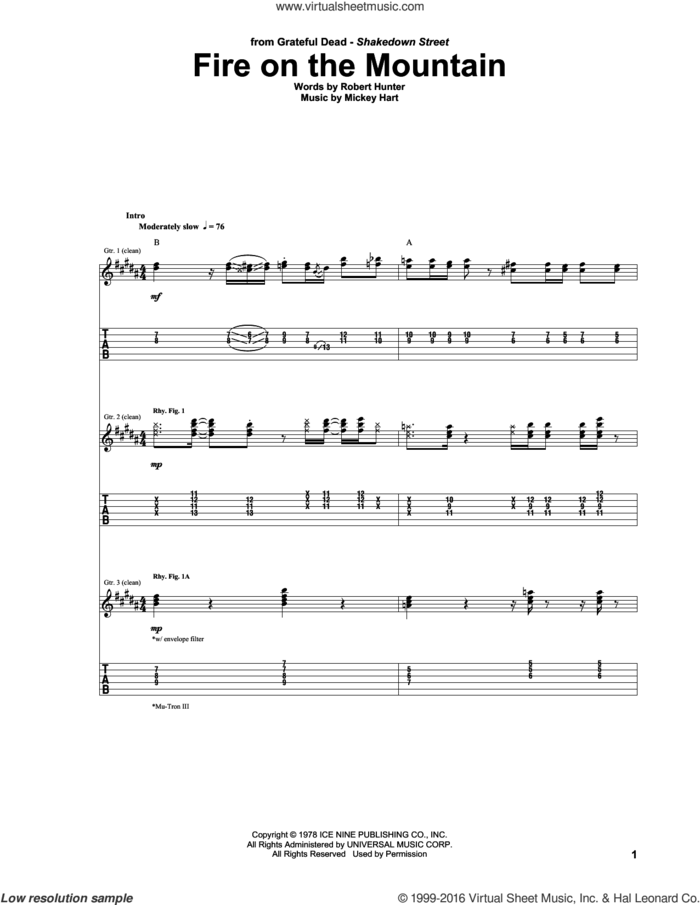 Fire On The Mountain sheet music for guitar (tablature) by Grateful Dead, Mickey Hart and Robert Hunter, intermediate skill level
