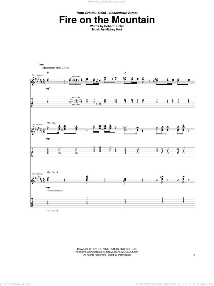 Fire On The Mountain sheet music for guitar (tablature) by Grateful Dead, Mickey Hart and Robert Hunter, intermediate skill level