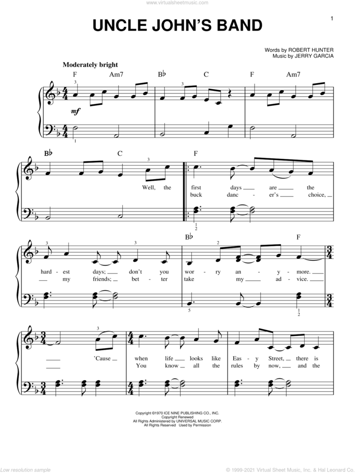 Uncle John's Band sheet music for piano solo by Grateful Dead, Jerry Garcia and Robert Hunter, easy skill level