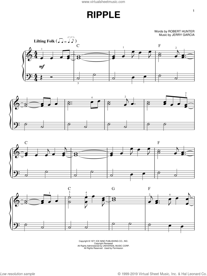 Ripple sheet music for piano solo by Grateful Dead, Jerry Garcia and Robert Hunter, easy skill level