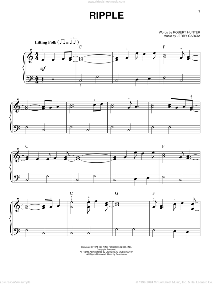 Ripple sheet music for piano solo by Grateful Dead, Jerry Garcia and Robert Hunter, easy skill level