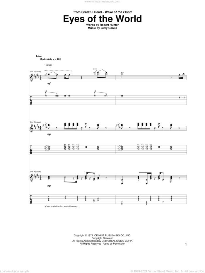 Eyes Of The World sheet music for guitar (tablature) by Grateful Dead, Jerry Garcia and Robert Hunter, intermediate skill level