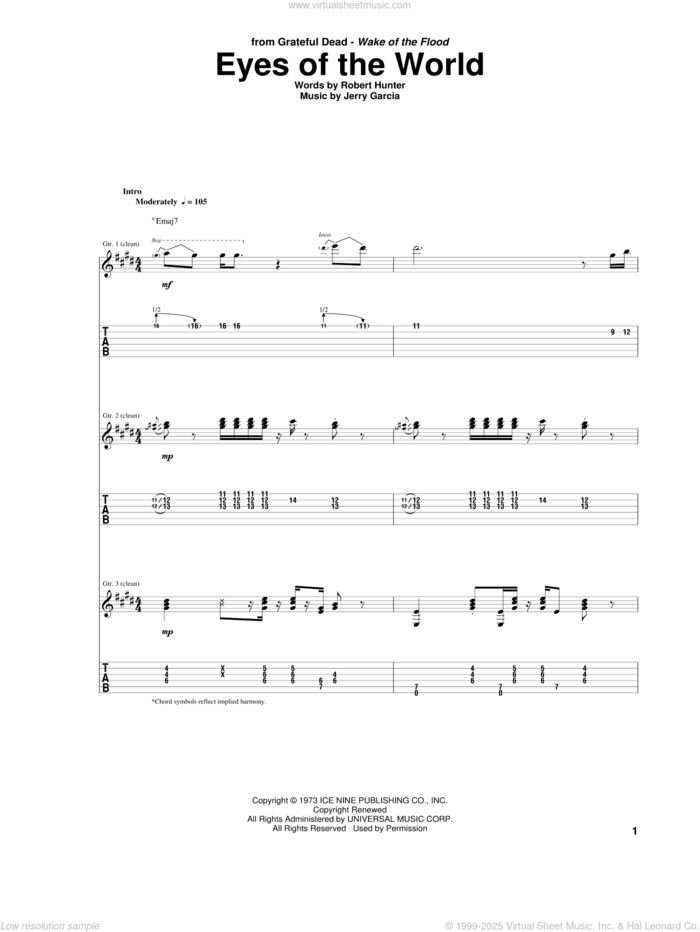 Eyes Of The World sheet music for guitar (tablature) by Grateful Dead, Jerry Garcia and Robert Hunter, intermediate skill level