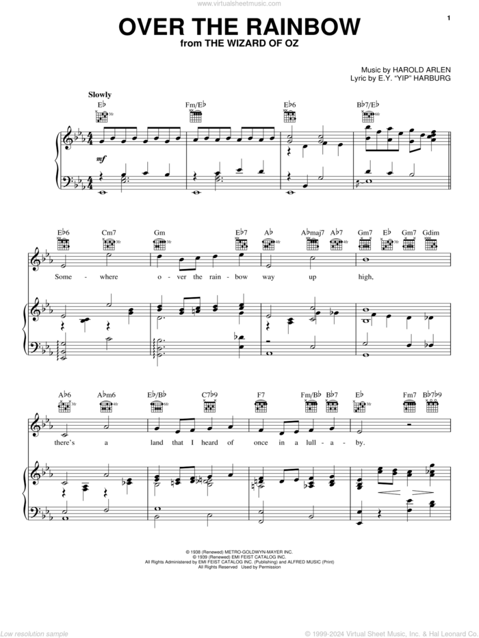 Over The Rainbow sheet music for voice, piano or guitar by Harold Arlen, Harry Nilsson and E.Y. Harburg, intermediate skill level