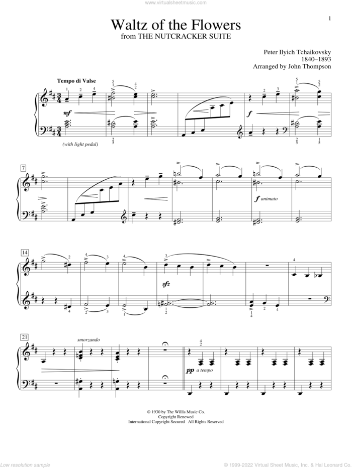 Waltz Of The Flowers (arr. John Thompson) sheet music for piano solo (elementary) by Pyotr Ilyich Tchaikovsky, P.I. Tschaikowsky and John Thompson, classical score, beginner piano (elementary)