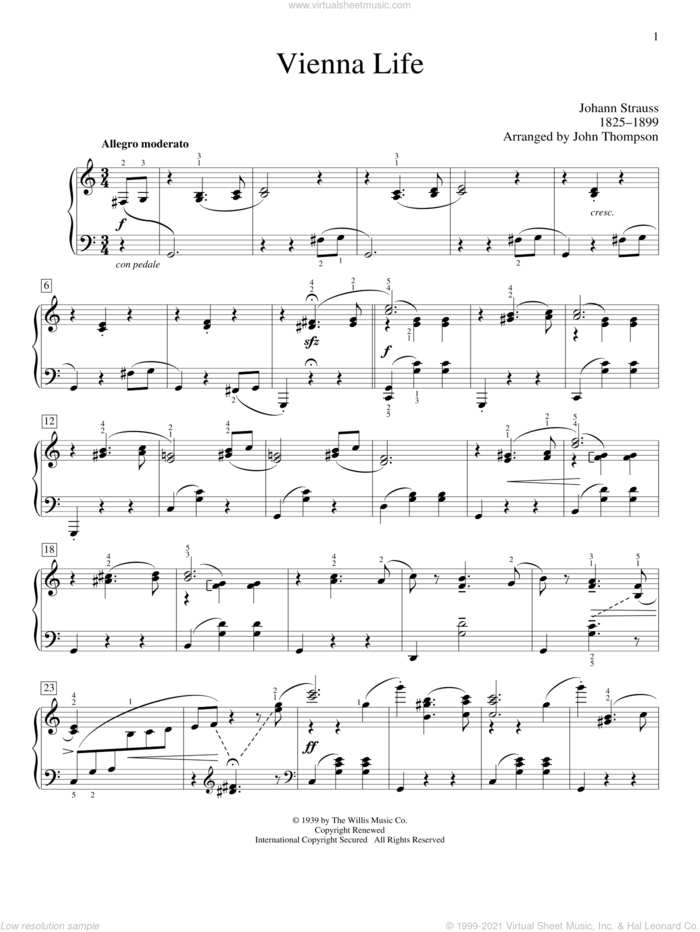 Vienna Life sheet music for piano solo (elementary) by Johann Strauss and John Thompson, classical score, beginner piano (elementary)