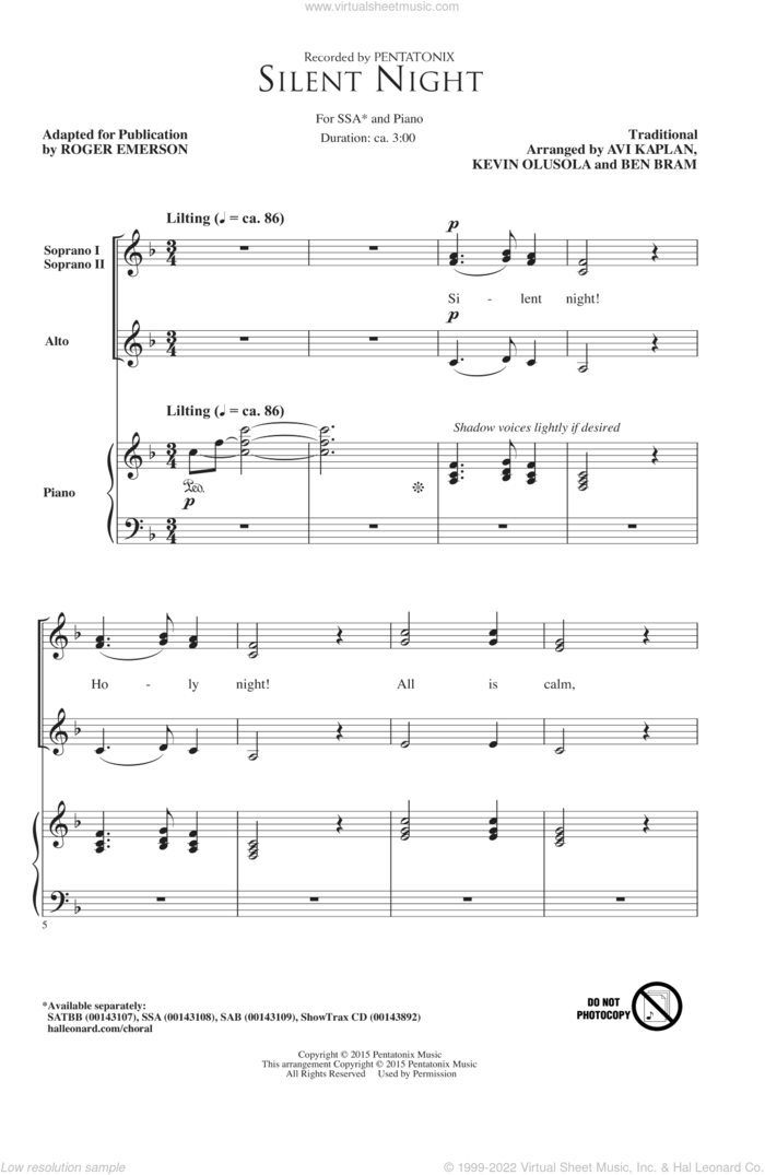 Silent Night (adapt. Roger Emerson) sheet music for choir (SSA: soprano, alto) by Ben Bram, Pentatonix, Roger Emerson, Avi Kaplan and Kevin Olusola, intermediate skill level