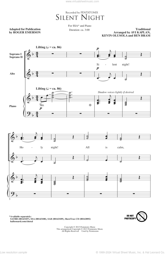 Silent Night (adapt. Roger Emerson) sheet music for choir (SSA: soprano, alto) by Ben Bram, Pentatonix, Roger Emerson, Avi Kaplan and Kevin Olusola, intermediate skill level