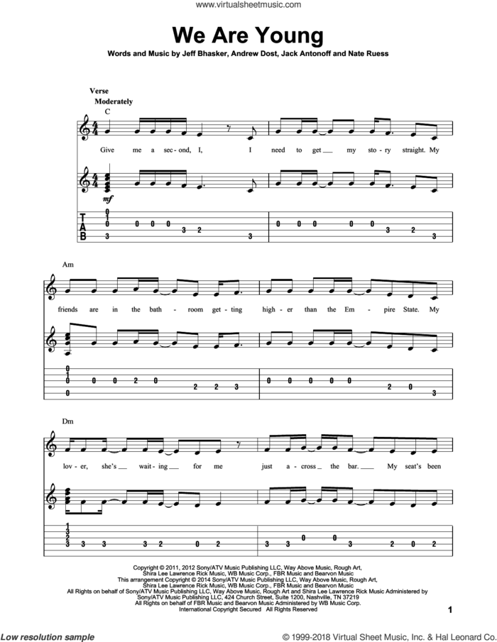 We Are Young sheet music for guitar solo by fun. featuring Janelle Monae, Fun, Andrew Dost, Jack Antonoff, Jeff Bhasker and Nate Ruess, intermediate skill level
