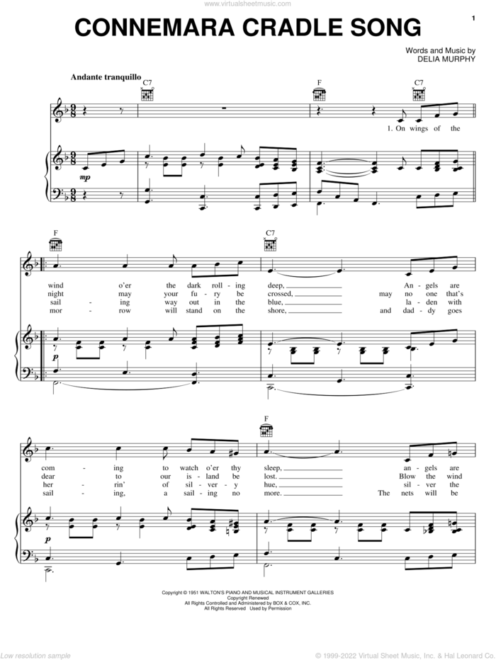 Connemara Cradle Song sheet music for voice, piano or guitar by Delia Murphy, intermediate skill level