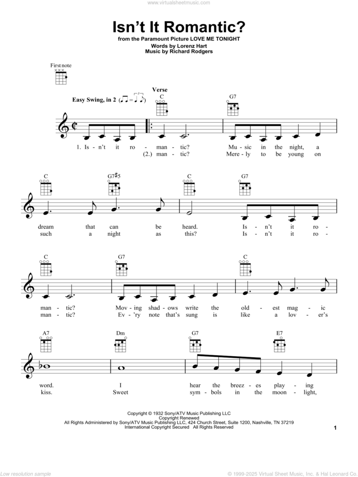 Isn't It Romantic? sheet music for ukulele by Rodgers & Hart, Shirley Horn, Lorenz Hart and Richard Rodgers, intermediate skill level