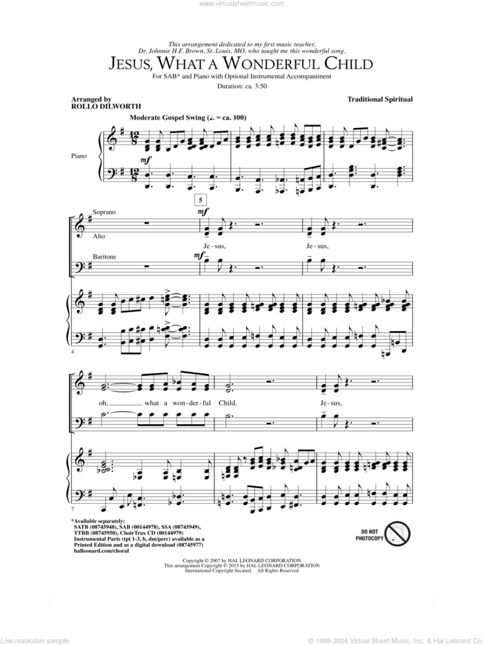 Jesus, What A Wonderful Child sheet music for choir (SAB: soprano, alto, bass) by Rollo Dilworth, intermediate skill level