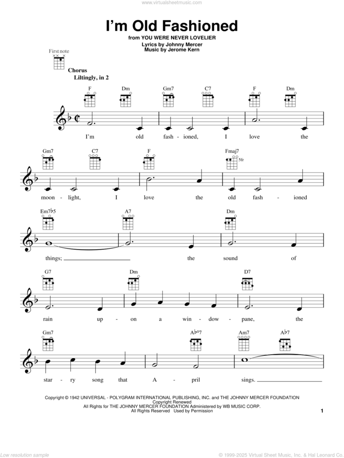 I'm Old Fashioned sheet music for ukulele by Johnny Mercer and Jerome Kern, intermediate skill level