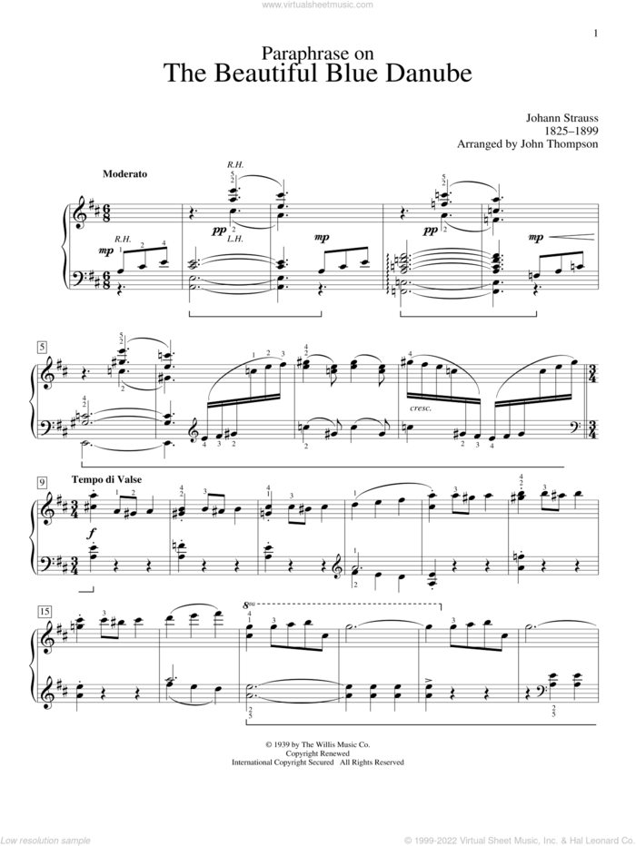 Paraphrase On The Beautiful Blue Danube Waltzes sheet music for piano solo (elementary) by Johann Strauss and John Thompson, classical score, beginner piano (elementary)