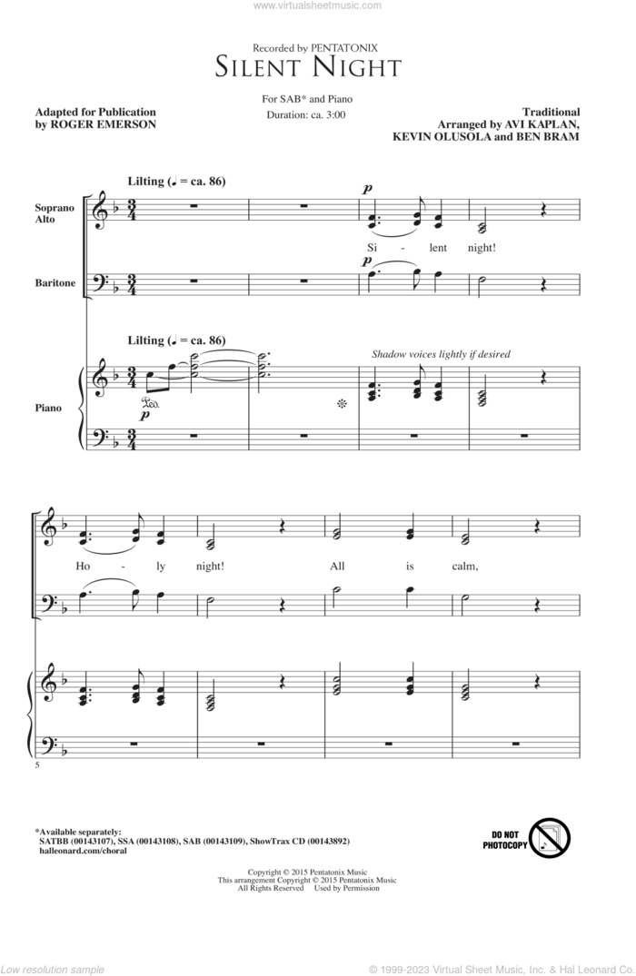 Silent Night (adapt. Roger Emerson) sheet music for choir (SAB: soprano, alto, bass) by Ben Bram, Pentatonix, Roger Emerson, Avi Kaplan and Kevin Olusola, intermediate skill level