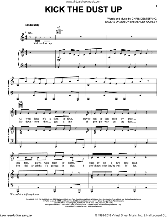 Kick The Dust Up sheet music for voice, piano or guitar by Luke Bryan, Ashley Gorley, Chris Destefano and Dallas Davidson, intermediate skill level