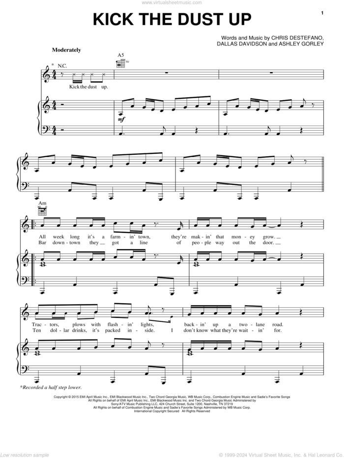 Kick The Dust Up sheet music for voice, piano or guitar by Luke Bryan, Ashley Gorley, Chris Destefano and Dallas Davidson, intermediate skill level