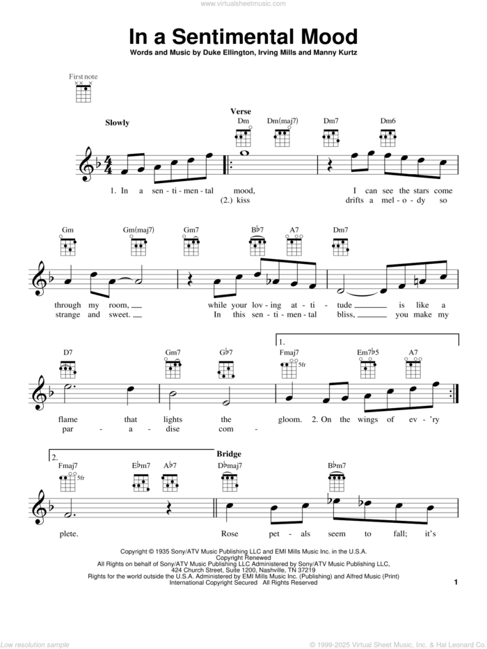 In A Sentimental Mood sheet music for ukulele by Duke Ellington, Irving Mills and Manny Kurtz, intermediate skill level