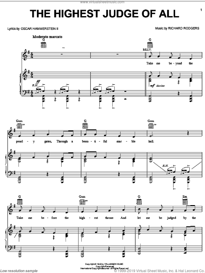 The Highest Judge Of All sheet music for voice, piano or guitar by Rodgers & Hammerstein, Carousel (Musical), Oscar II Hammerstein and Richard Rodgers, intermediate skill level