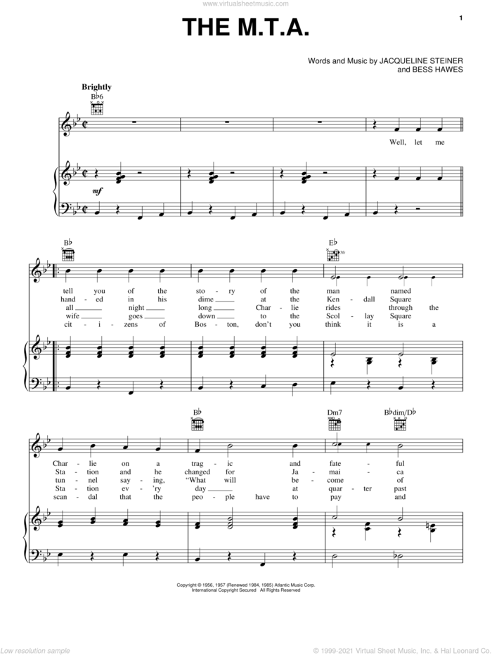 The M.T.A. sheet music for voice, piano or guitar by The Kingston Trio, Bess Hawes and Jacqueline Steiner, intermediate skill level