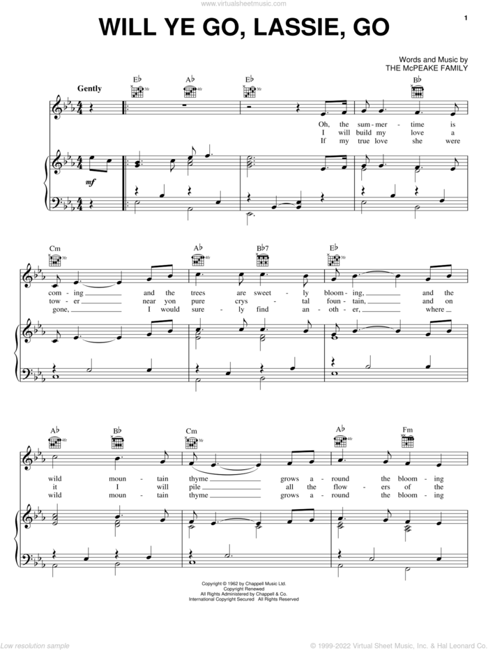 Will Ye Go, Lassie, Go sheet music for voice, piano or guitar by The McPeake Family, intermediate skill level