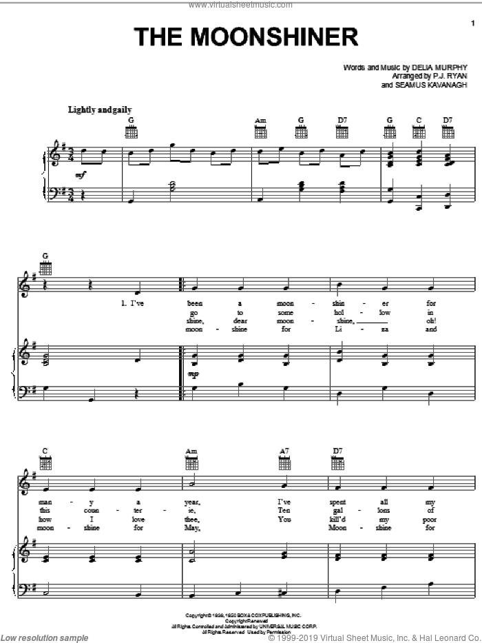 The Moonshiner sheet music for voice, piano or guitar by Delia Murphy, Patrick Ryan and Seamus Kavanagh, intermediate skill level