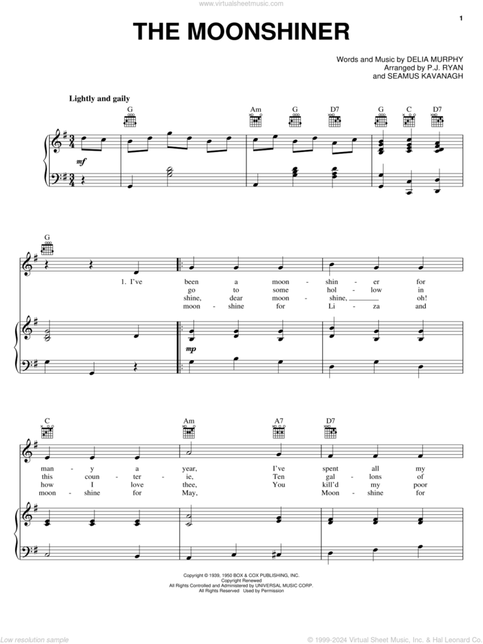 The Moonshiner sheet music for voice, piano or guitar by Delia Murphy, Patrick Ryan and Seamus Kavanagh, intermediate skill level