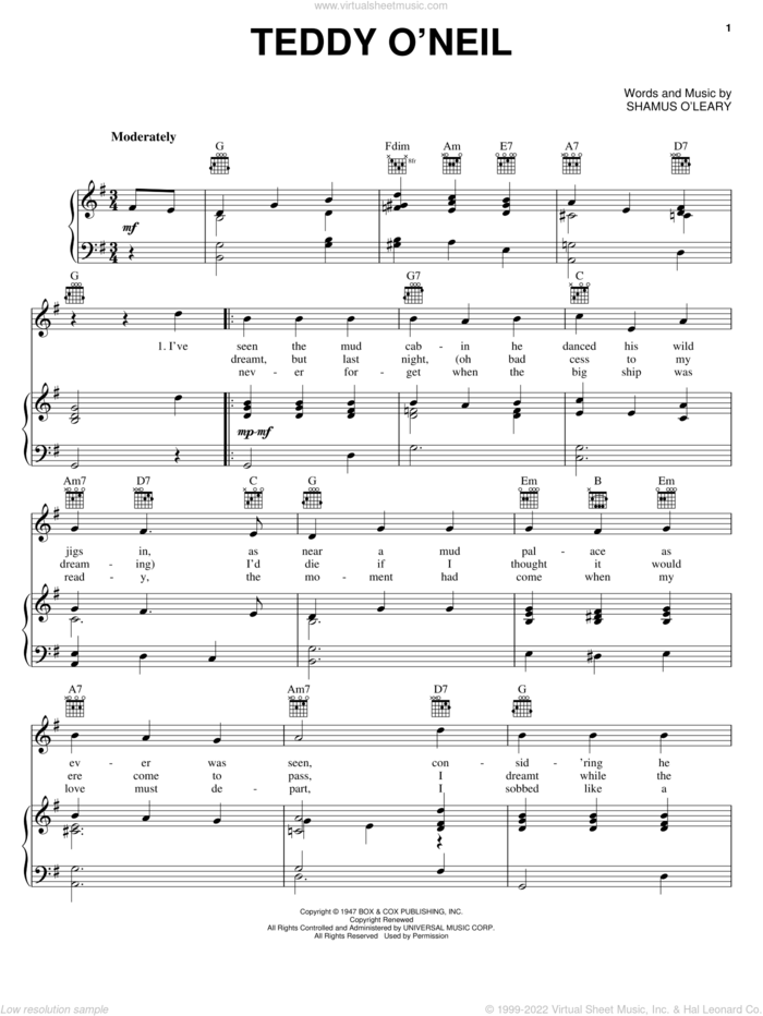 Teddy O'Neil sheet music for voice, piano or guitar by Shamus O'Leary, intermediate skill level