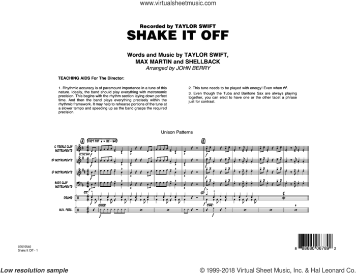 Shake It Off (COMPLETE) sheet music for jazz band by Taylor Swift, Johan Schuster, John Berry, Max Martin and Shellback, intermediate skill level
