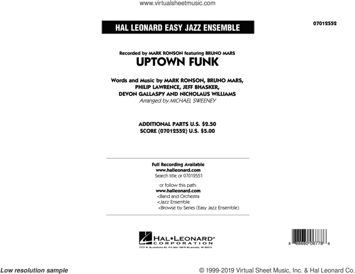 Uptown Funk (COMPLETE) sheet music for jazz band by Bruno Mars, Charles Wilson, Devon Gallaspy, Jeff Bhasker, Lonnie Simmons, Mark Ronson, Mark Ronson ft. Bruno Mars, Michael Sweeney, Nicholaus Williams, Philip Lawrence, Robert Wilson, Ronnie Wilson and Rudolph Taylor, intermediate skill level