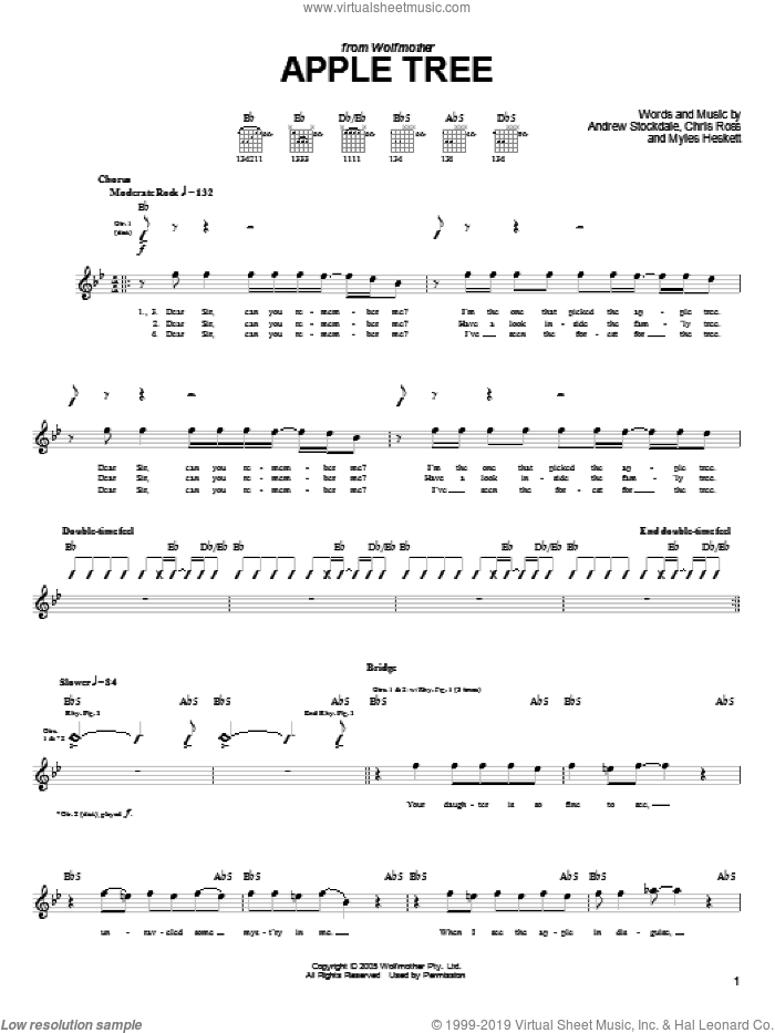 Apple Tree sheet music for guitar (tablature) by Wolfmother, Andrew Stockdale, Chris Ross and Myles Heskett, intermediate skill level